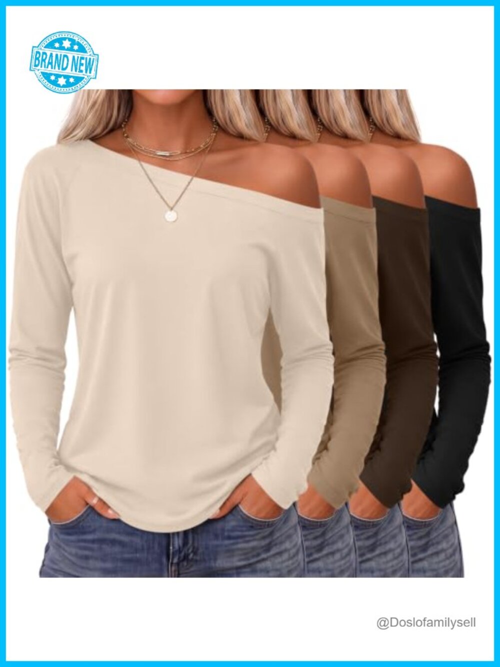 Off the Shoulder Boat Neck Long Sleeve Tops 4 Pack Casual Tees
